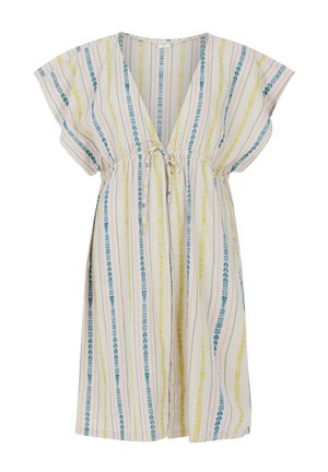Kratki rukavi, haljina do koljena od laganog materijala. Ima vertikalne pruge u plavoj, žutoj i rozoj boji s odrezanom strukom i dekolteom u obliku slova V.