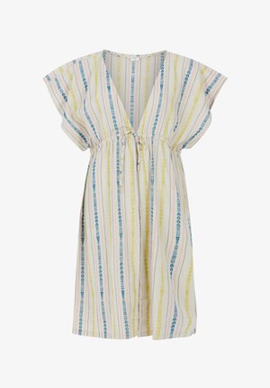 Vestido de manga corta y largo hasta la rodilla en tejido ligero. Presenta rayas verticales en azul, amarillo y rosa, con un cinturón atado en la cintura y un diseño de escote en V.