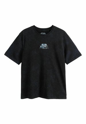 T-shirt nera a maniche corte Star Wars con un piccolo logo grafico e testo centrato sul petto.