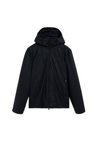 Sort hættejakke med frontlynlås, snore i hætten og to frontlommer på en hvid baggrund.