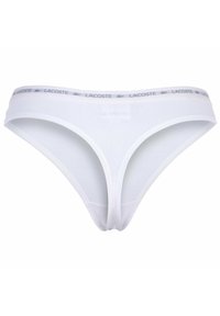 Białe majtki bikini wykonane z miękkiej bawełny, z elastycznym pasem w szarym kolorze z logo Lacoste. Prosty design bez dodatkowych wzorów.