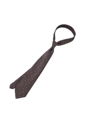 Brun slips med blå prikker, forhåndsbundet i en løkke, isolert på hvit bakgrunn.