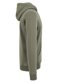 Olijfgroene hoodie van zacht materiaal, met een grote capuchon, geribbelde manchetten en zoom, en een zak aan de onderzijde rechts.