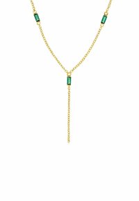 Collana in oro con accenti di gemme verdi rettangolari, design a Y-drop e una delicata finitura texture.