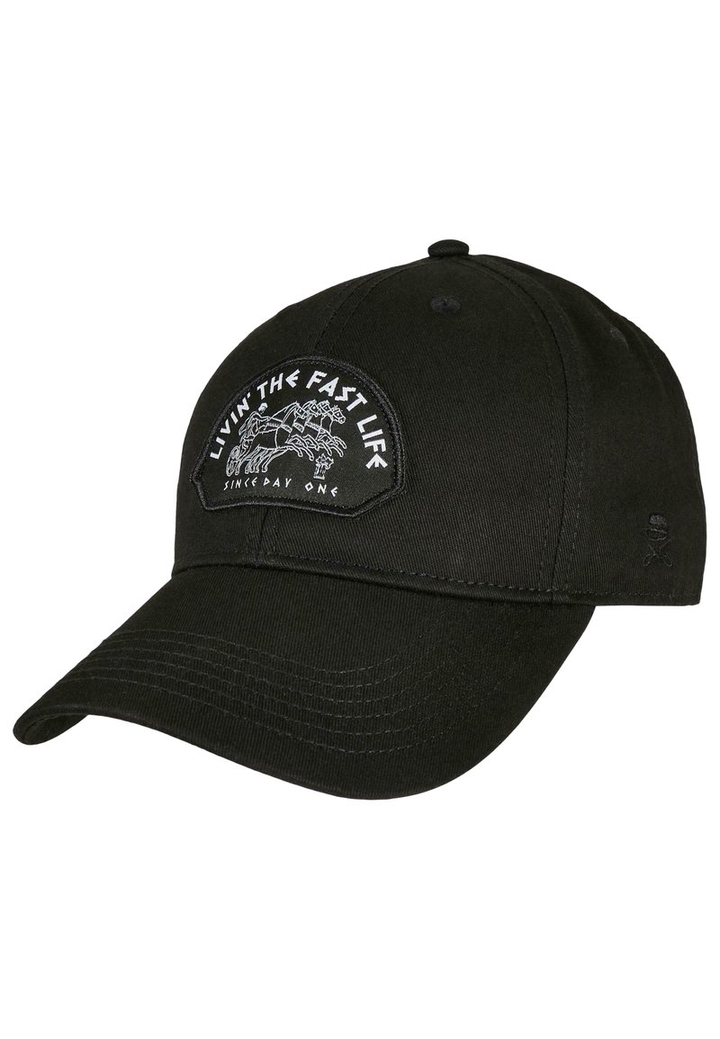 Black baseball cap with a curved brim and embroidered patch featuring a horse graphic and the text "LIVIN' THE FAST LIFE" in white.