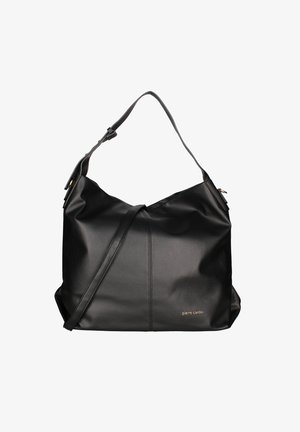 Borsa a spalla in pelle nera con una forma morbida, tracolla singola e un delicato accento del logo dorato. Presenta una texture liscia e un design minimalista.