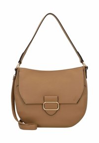 Tasche aus braunem Leder mit geschwungener Form, flacher Vorderklappe, goldenen Beschlägen und einem verstellbaren Gurt. Verfügt über ein rechteckiges Schnallen-Detail.