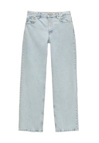 Jeans de mezclilla de color azul claro, de pierna ancha y con cintura alta, diseño de cinco bolsillos, con costuras detalladas y un acabado desgastado y texturizado.
