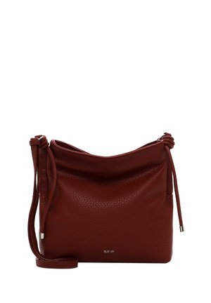 Red leather shoulder bag with a textured finish, drawstring closure, and a short shoulder strap. Features a silver logo on the front.