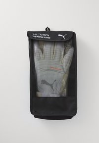 Puma Ultra goalkeeper gloves in a transparent black pouch. Gloves are gray with textured accents and a Puma logo on the wrist.