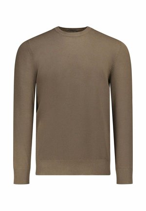 Pull brun à manches longues en tissu tricoté texturé, avec un col rond et des poignets et ourlet côtelés. Design simple et décontracté.