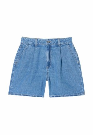Blaue Denim-Shorts mit hoher Taille, vorderen Falten, Gürtelschlaufen, Seitentaschen und einem vorderen Verschluss mit Metallknopf und Reißverschluss.