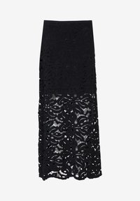 Jupe maxi en dentelle noire avec un design à couches featuring des motifs floraux complexes, des découpes et une taille solide.