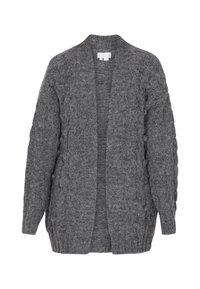Cardigan gri din tricot cu un model cu cablu, cu deschidere în față, mâneci lungi și tiv râduit. Fabricat dintr-un material moale și texturat.