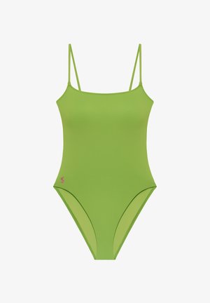 Zöld egyrészes fürdőruha vékony vállpántokkal és egy kis rózsaszín hímzett logóval a bal csípőnél.
