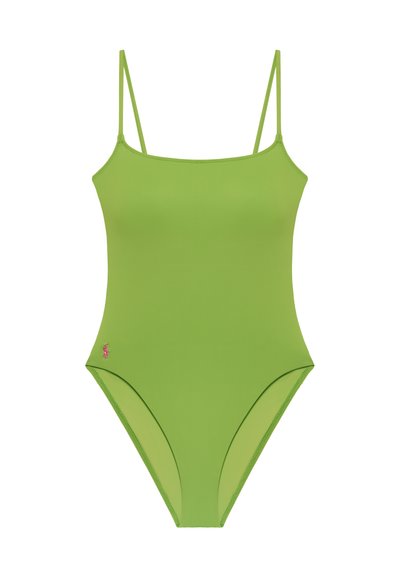 Πράσινο ολόσωμο μαγιό με λεπτούς ιμάντες στους ώμους και μικρό ροζ κεντημένο λογότυπο κοντά στον αριστερό γοφό.