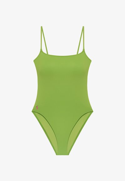 Πράσινο ολόσωμο μαγιό με λεπτούς ιμάντες στους ώμους και μικρό ροζ κεντημένο λογότυπο κοντά στον αριστερό γοφό.