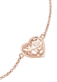Armband i roséguld med ett hjärtformat hänge som har intrikata utskärningar av fåglar och blommor. Släta kedjelänkar.