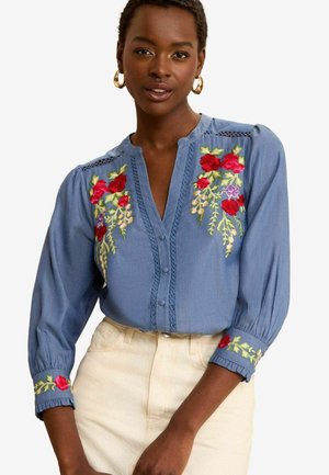 Love & Roses V NECK 3/4 SLEEVE BUTTON THROUGH REGULAR FIT - Palaidinė - blue tencel embroidery