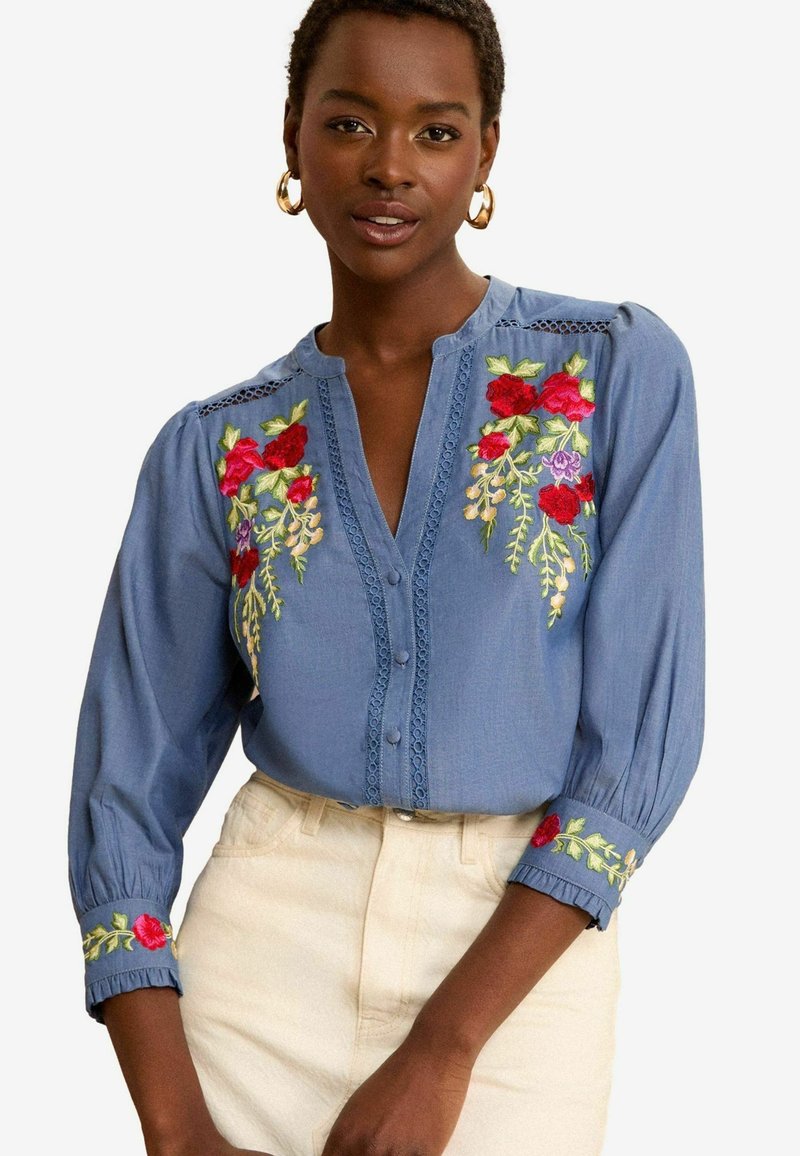 Love & Roses V NECK 3/4 SLEEVE BUTTON THROUGH REGULAR FIT - Blus - blue tencel embroidery