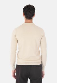 Maglione beige in maglia con colletto polo, maniche lunghe e polsini a costine. Texture morbida, design aderente, aspetto minimalista.