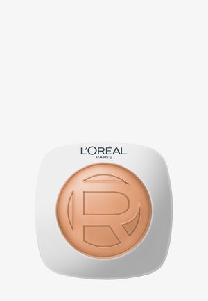 Boîtier compact de fond de teint L’Oréal Paris avec poudre pressée beige embossée d'une grande lettre stylisée "R" au centre.