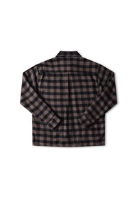 Camicia a maniche lunghe con motivo a scacchi marrone e nero. Realizzata in tessuto flanella con colletto e dettagli sulla parte posteriore.