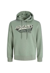 Hoodie vert en tissu doux, avec un logo imprimé en noir et blanc à l'avant, des cordons de serrage et des poignets et un ourlet côtel�és.