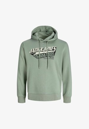 Green hoodie made of soft fabric, featuring a front logo print in black and white, drawstrings, and ribbed cuffs and hem.