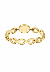Pulsera de eslabones en tono dorado con esfera ovalada, grabada con marcas de la marca y certificación, presentada sobre un fondo blanco.