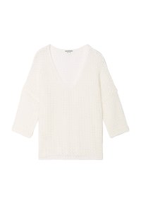 Bílý, volně pletený svetr s V-výstřihem, tříčtvrtečními rukávy a otevřenou texturou. Jednoduchý design bez výzdoby.