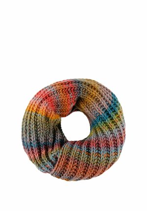 Multicolored knit infinity scarf with ribbed texture folded in a circular shape on a white background.