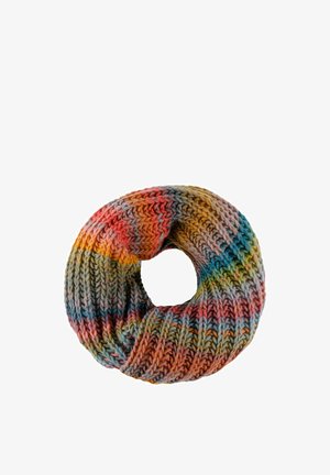 Multicolored knit infinity scarf with ribbed texture folded in a circular shape on a white background.
