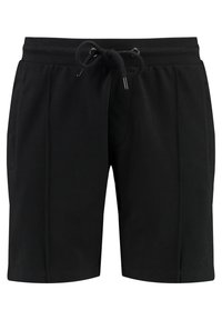 Schwarze Sportshorts aus weichem Stoff mit elastischem Bund und Kordelzug. Verfügt über zwei Seitentaschen und ein Logo am Bein.