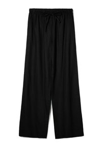 Black wide-leg pants made from lightweight fabric, featuring an elastic waistband with a drawstring for adjustable fit, no visible patterns.