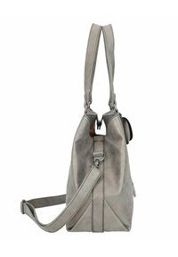 Sac à main en cuir gris avec double bandoulière, bandoulière réglable, texture lisse et détail de poche zippée sur le côté.