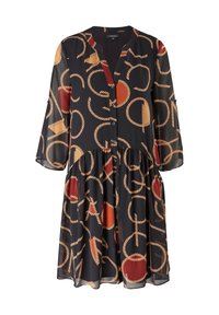 Robe noire boutonnée avec manches trois-quarts, présentant un motif circulaire en corde rouge et beige et une taille froncée.