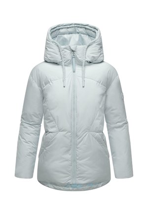 Gaiši zilā pūkainā jakā ir rāvējslēdzēja priekšpuse, regulējama kapuce un sānu kabatas; tai ir izšūtas dimantu formas apdrukas uz torso.