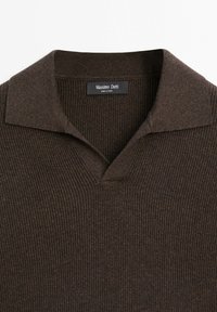 Brown ribbed knit polo sweater with a folded collar and massimo dutti label at the neckline.
