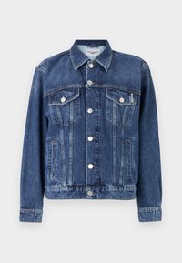 Denim jacket in dark blue, featuring a classic collar, two chest pockets with flaps, and silver snap buttons. Textured fabric and slightly fitted design.
