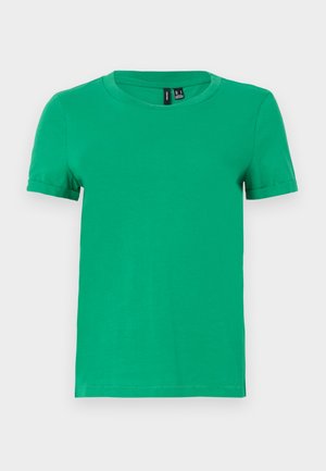 Žalias medvilninis marškinėliai su apvaliu kaklu ir trumpomis rankovėmis. Lygus paviršius, vientisa spalva ir tiesi apatinė dalis. Be raštų ar aksesuarų.