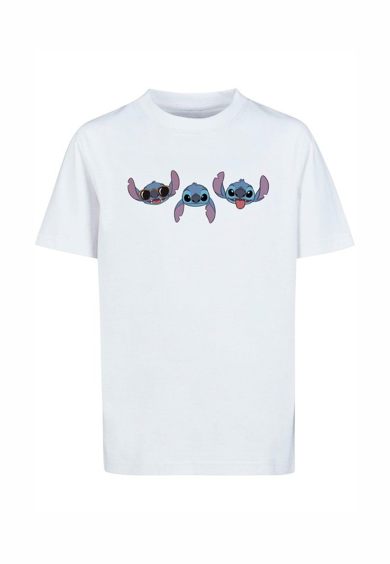 Bílý bavlněný tričko s třemi postavami Stitch z Disney, ilustrovanými s různými výrazy, včetně slunečních brýlí a hravého jazyka.