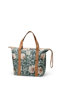 Tote taske med blomsterprint i grønne og fersken nuancer, med lynlåslukning, brune stropper og et logo patch. Lavet af slidstærkt stof.