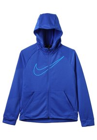 Felpa blu con zip e tessuto testurizzato, con un grande logo Nike turchese, due tasche frontali e un cappuccio regolabile con lacci.