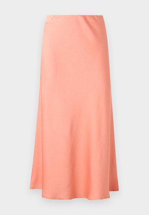 Gonna midi rosa corallo chiaro, liscia, con una leggera svasatura, mostrata su uno sfondo semplice grigio chiaro.