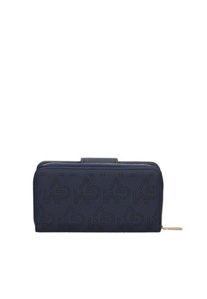 Navyblauer Rundum-Reißverschluss-Geldbeutel mit perforiertem geometrischem Muster, strukturierter Oberfläche und goldfarbenem Reißverschluss-Schieber.