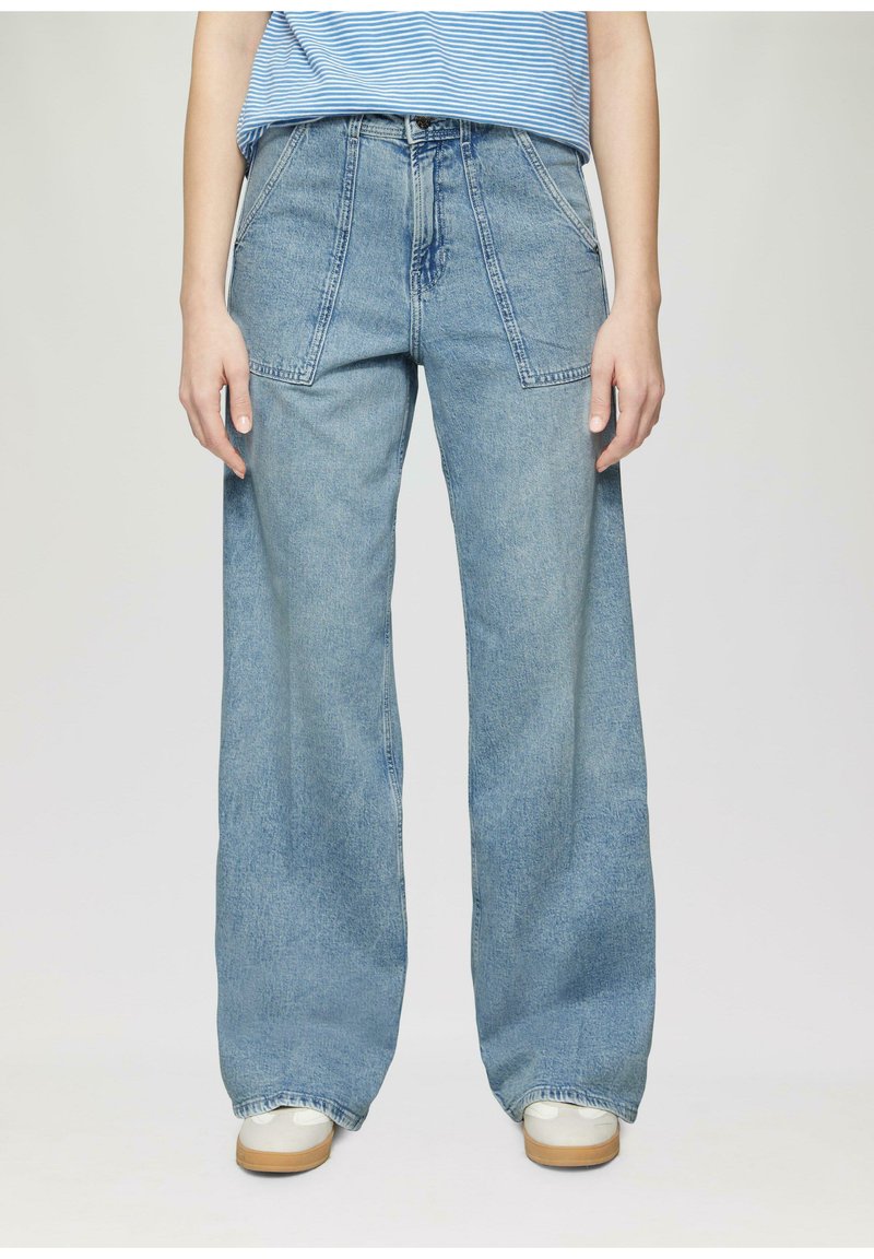 Lichtblauwe denim wijde jeans met een hoge taille, twee voorzakken en een rechte pasvorm, met subtiele vervaging en versterkte stiksels.