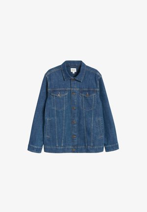 Donkerblauwe denimjack met een knoopsluiting aan de voorkant, twee borstzakken, zijzakken en een klassieke kraag. Afgewerkt met contrasterende stiksels.