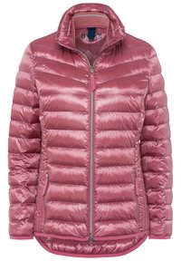 Chaqueta acolchada en rosa claro con un acabado brillante, presenta un cuello alto, cierre de cremallera y dos bolsillos laterales con cremallera. Detalle de costura horizontal.