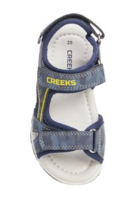 Sandal con motivo blu e grigio, dotato di due cinturini regolabili, soletta bianca e un accento giallo. Taglia visibile all'interno della sandal.